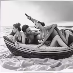 a group of people laying in a raft on the beach