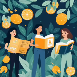 three women reading books with oranges in the background