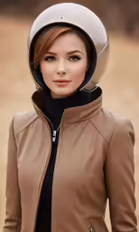 a woman wearing a brown leather jacket and a white helmet