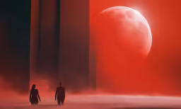 a man and woman are walking down an alley way in front of a red planet