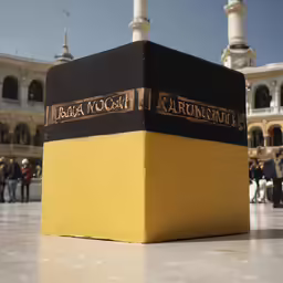 a black and yellow box on a white and gray surface