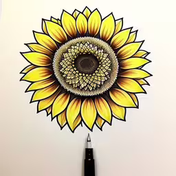 a drawing of a sunflower on paper with fountain pen,a drawing of a sunflower is painted on a white paper