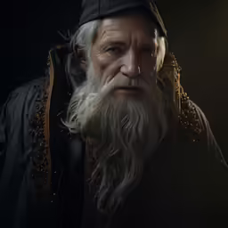 the elderly man with a long beard is wearing an old fashioned hat