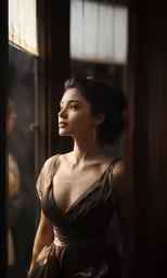 a woman is standing by a window and looking up