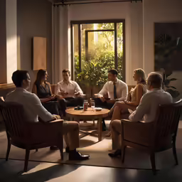 six people are gathered at the center table