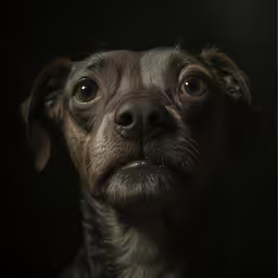 the brown and white dog looks off to the side