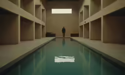 a man stands at the end of a pool in a public building