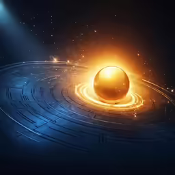the golden ball of fire burning over a blue circular object in the middle of space
