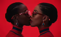 two black females wearing sunglasses with red background
