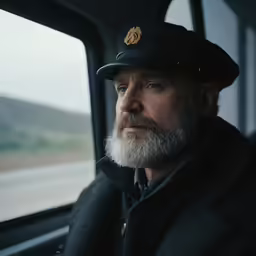 a bearded man is looking out a window