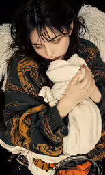 a woman holding an angel wrapped in a blanket