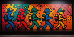 an abstract painting depicting soldiers with colorful background