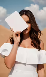 a woman in white is holding up a square piece of paper