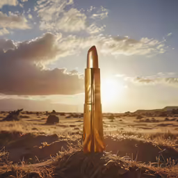 a rocket sitting in the middle of a field