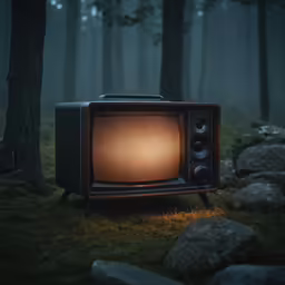 a tv set sitting next to some trees in the woods