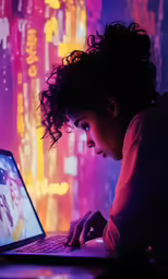 a woman sitting in front of a laptop computer with the image of the same person on screen