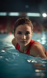 a woman is shown swimming in an indoor swimming pool