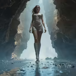 a girl in lingerie walks down a wet road