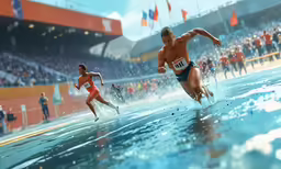 two men competing in the ocean with a crowd watching