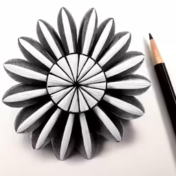 pencil drawing an origami flower with sharp point pens