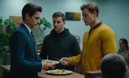three men in suits and ties eating some food