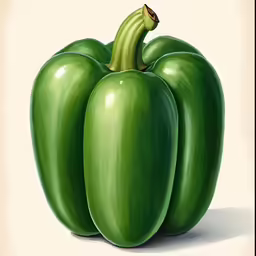 three green bell peppers sitting in a row on a white surface