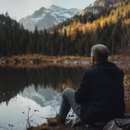 a man sits at the edge of a lake with mountains in the background