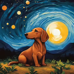 a brown dachshund dog sits on grass at night in front of an art - themed background of stars and circles