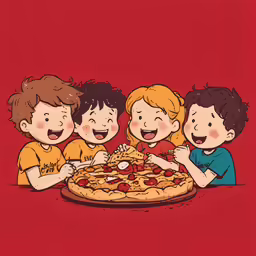 three kids eating pizza sitting at a table with red backdrop