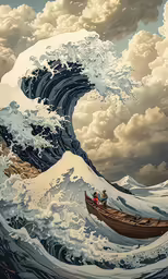 a painting of a wave with two boats in it