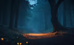 a trail with lots of lights in it next to trees