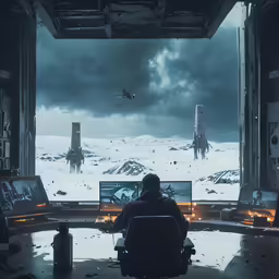 the spaceship flies in the distance, through an archwayd space station