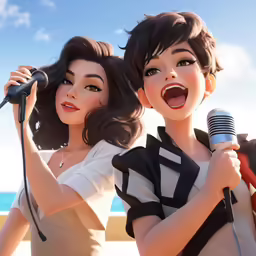 two women in front of beach with microphone