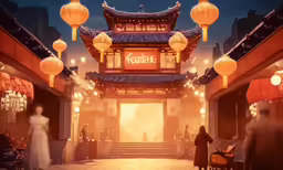 a man walking into a building with lanterns