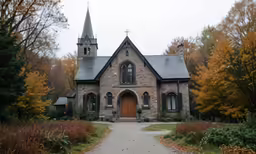 an old house with large tower stands in the woods