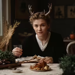a person is sitting at a table with food and wine