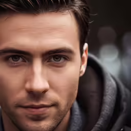 a man with dark brown hair, wearing a jacket and looking into the camera
