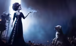 a woman stands on the stage with her arms raised as she stands next to a dog