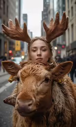 a woman wearing a large moose costume poses for a photograph