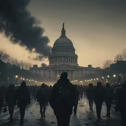 a large crowd of people walk on a path near the capital building