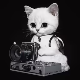 a kitten sitting next to an old camera