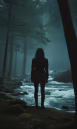 a person stands alone in the middle of the forest