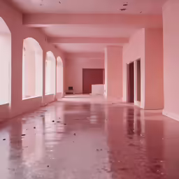 the empty room with pink walls and white columns