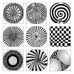 twelve squares with different designs in black and white,six designs created with different types of lines