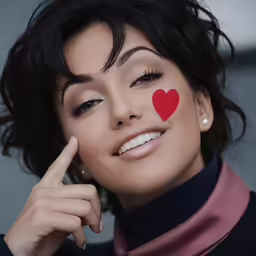 a person posing for a picture with the red heart painted on her face