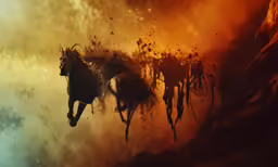 there is a painting of two horses in the water