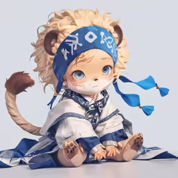 a toy wearing blue clothing sitting on top of a table