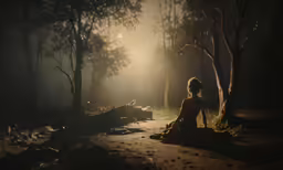 a woman sitting on a road at night