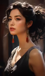 a close up of a person wearing red earrings