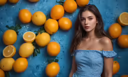 the woman poses in front of a bunch of oranges